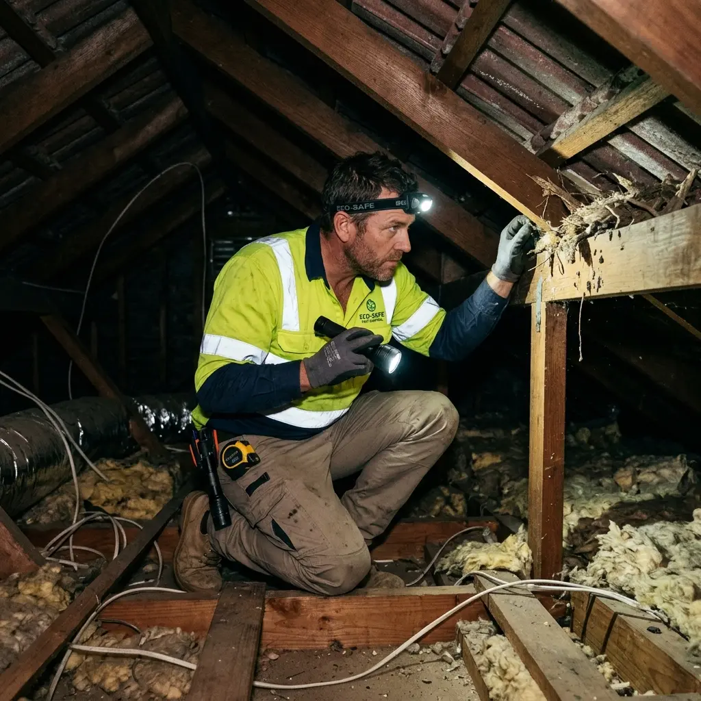 Technician inspecting a roof cavity for a dead animal in Bonshaw