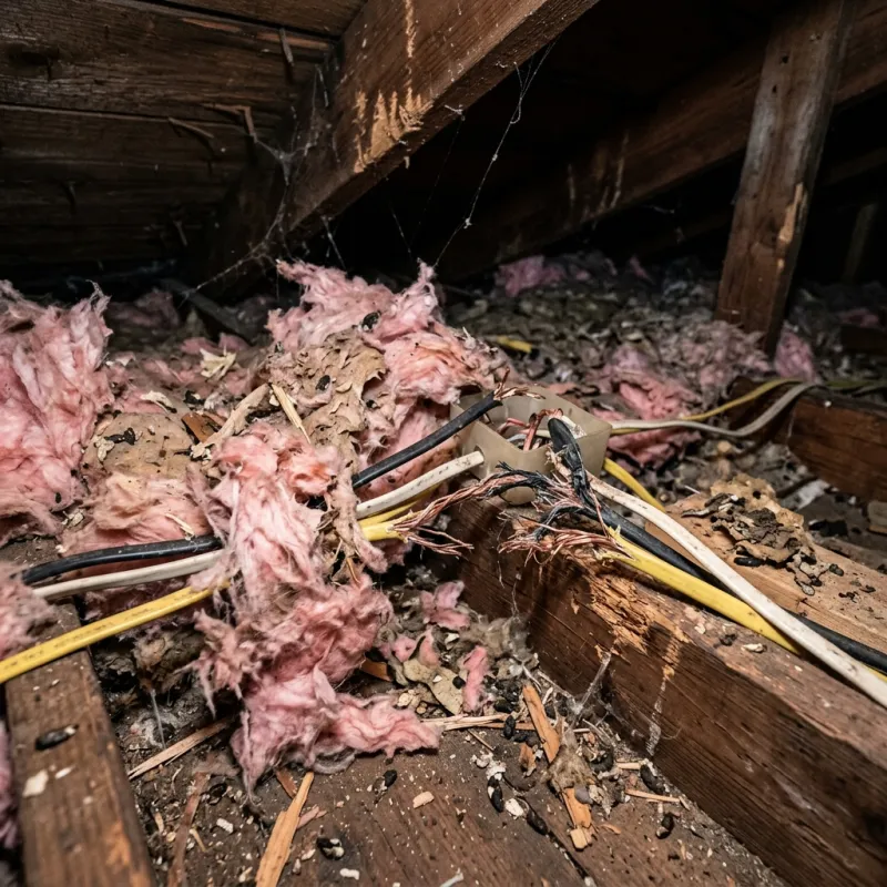 Contaminated ceiling insulation being assessed in a Bonshaw roof space