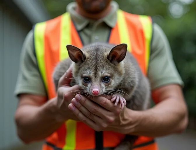 Animal handler safely recovering a deceased possum in Bonshaw