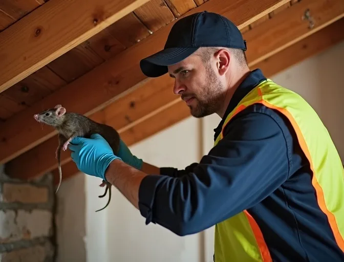 Technician inspecting a roof cavity for a dead rat in Bonshaw